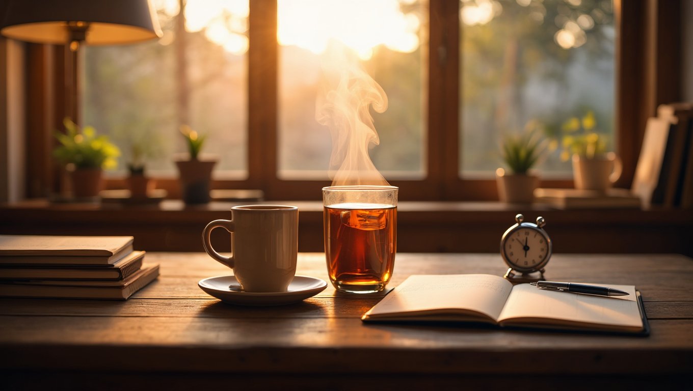 Чашка с чаем на столе с дневником и ручкой