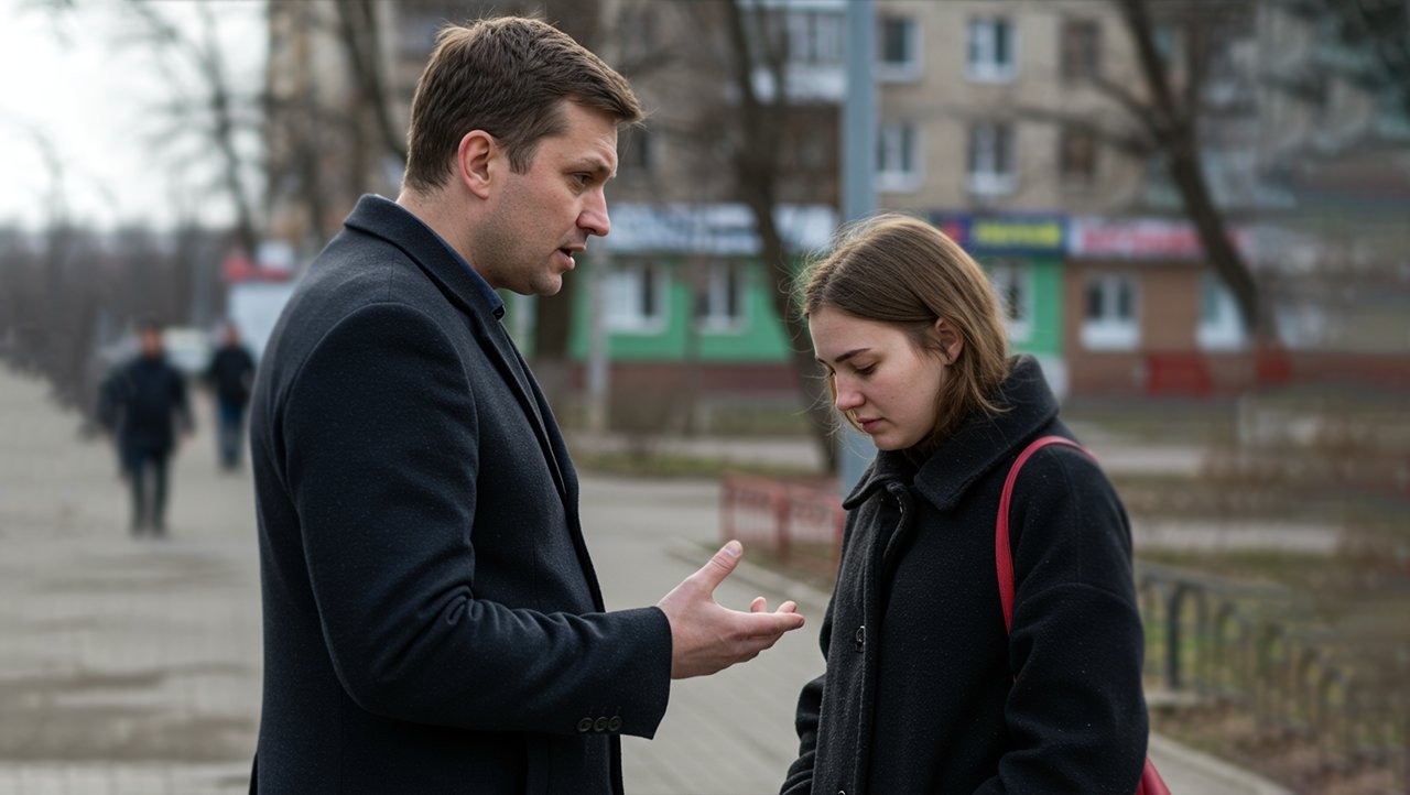 Мужчина ругает девушку на улице